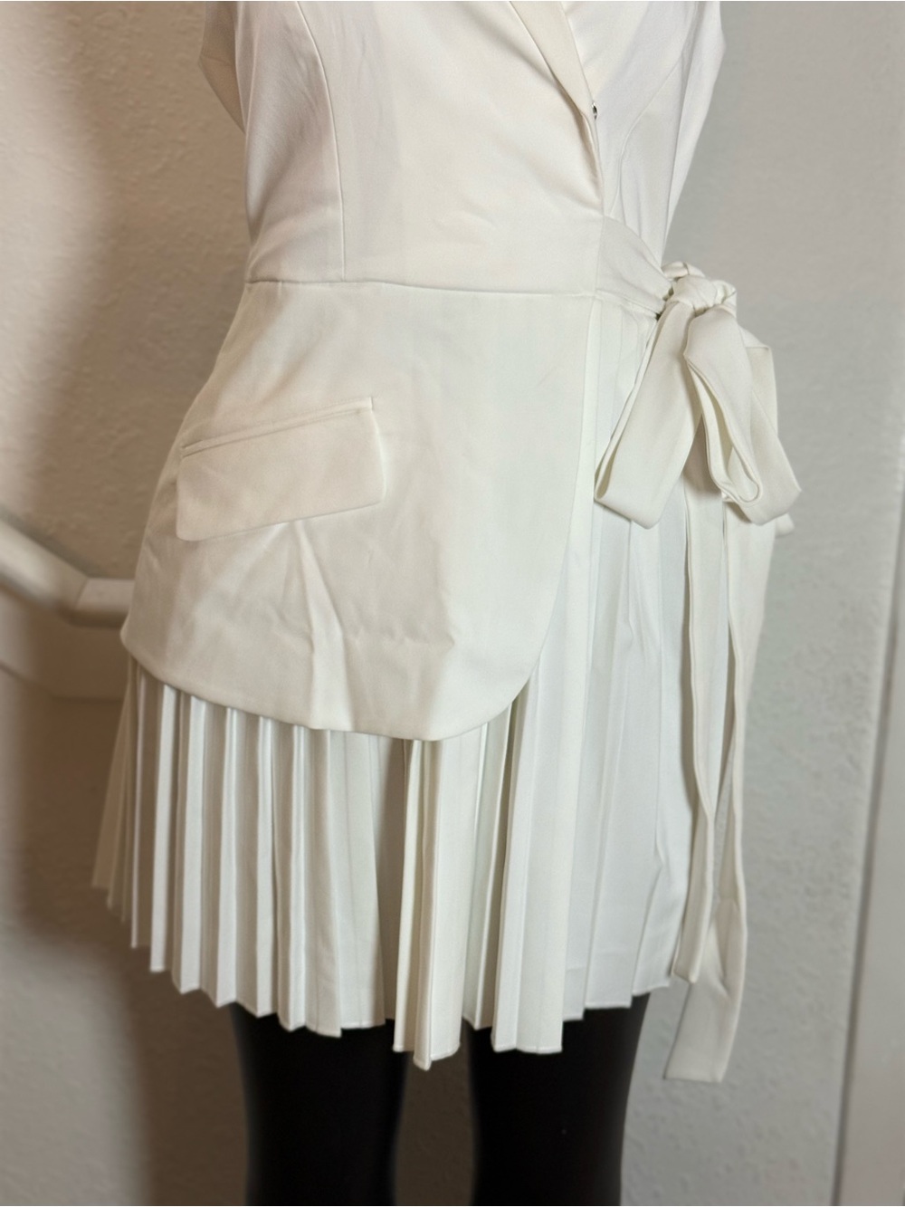 Commense Cream Sleeveless Wrap Blazer Dress with Pleated Skirt - Picture 6 of 7